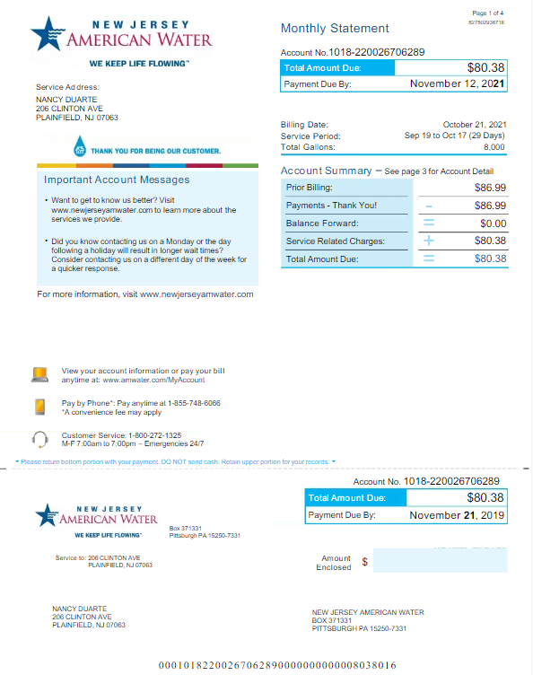 USA NEW JERSEY AMERICAN WATER utility bill Word and PDF template